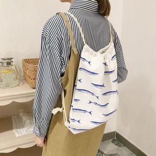 Fish-printed Canvas Drawstring Shopper Bag