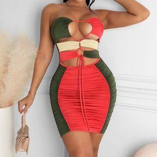 Paneled Cut-out Tie-front Tube Mini Bodycon Dress