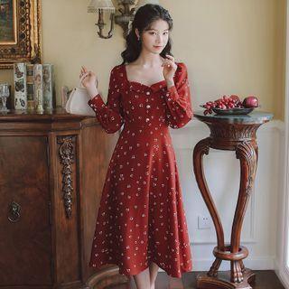 Floral Square Neck Long-sleeve Dress