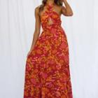 Floral Print Cut-out Halter Midi A-line Dress