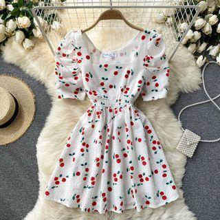 Square-neck Cherry Print Puff-sleeve Dress