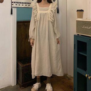 Long-sleeve Ruffle Midi A-line Dress Almond - One Size
