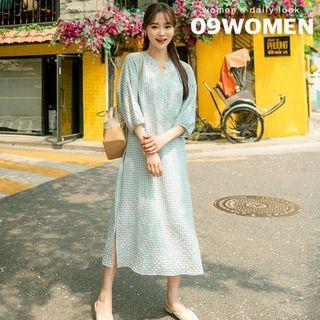 Plus Size Half-placket Gingham Dress