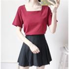 Square-neck Short-sleeve Top / Pleated Mini Skirt
