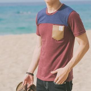 Short Sleeved Colour Block Faux Leather Panel Top
