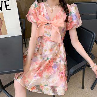 Puff-sleeve Bow Panel Floral Dress
