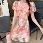 Puff-sleeve Bow Panel Floral Dress