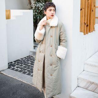 Long Furry Panel Double-breasted Padded Coat