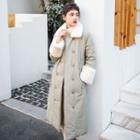 Long Furry Panel Double-breasted Padded Coat
