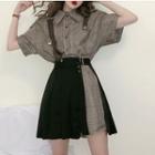 Set: Elbow-sleeve Plaid Mini Shirt Dress + Asymmetric A-line Mini Pleated Suspender Skirt