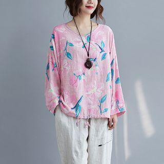 Long-sleeve Floral Print Top V Neck - Lily - Pink - One Size