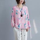 Long-sleeve Floral Print Top V Neck - Lily - Pink - One Size