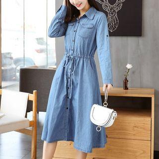 Drawstring Long-sleeve Denim Dress