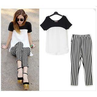 Set: Color Block T-shirt + Cropped Striped Pants