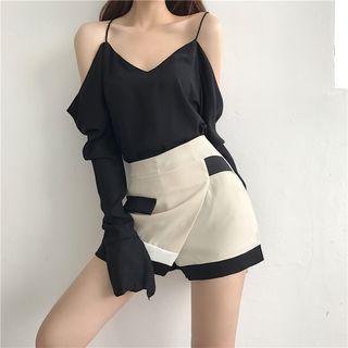 Off-shoulder Long-sleeve Top / Color Block Skort