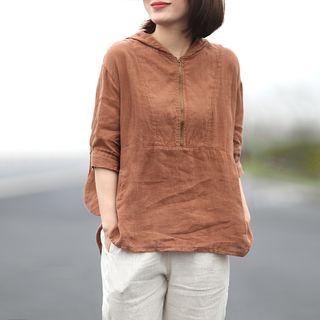 3/4-sleeve Zip Placket Hoodie
