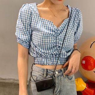 Plaid Short-sleeve Crop Top Plaid - Blue - One Size