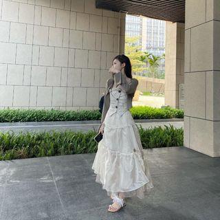 Plain Cardigan / Floral Mesh A-line Dress