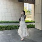 Plain Cardigan / Floral Mesh A-line Dress