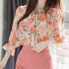 Tie-neck Puff-sleeve Floral Chiffon Blouse