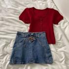 Short-sleeve Button-up Knit Top / Denim Mini Skirt