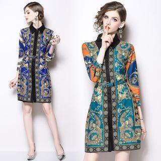 Printed Long-sleeve A-line Collared Dress