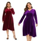 Plus Size Long-sleeve Velvet A-line Midi Dress