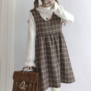 Carrot Embroidered Long-sleeve Top / Plaid Cropped Wide-leg Pants / Plaid Pinafore Dress