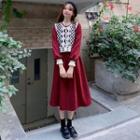 Long-sleeve Midi A-line Dress / Button-up Vest
