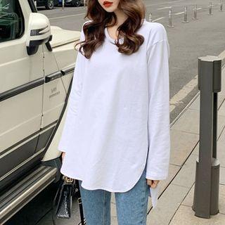 Long-sleeve Split Hem Plain Top White - One Size