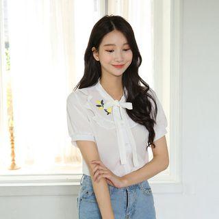 Tie-neck Short-sleeve Floral Print Chiffon Blouse