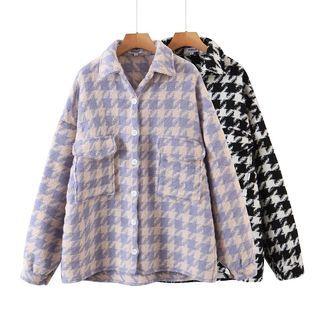 Long Sleeve Houndstooth Print Loose-fit Button Coat