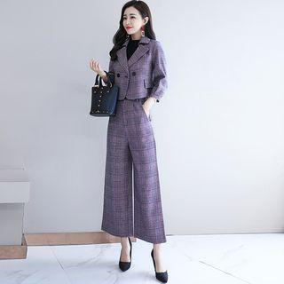 Set: Cropped 3/4-sleeve Plaid Blazer + Wide-leg Pants