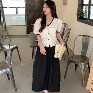 Short-sleeve Contrast Trim Button-up Lace Top / Midi A-line Skirt