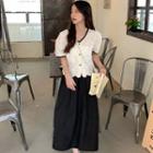 Short-sleeve Contrast Trim Button-up Lace Top / Midi A-line Skirt