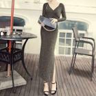 Long-sleeve Side Slit Sheath Maxi Dress
