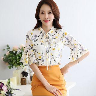 Elbow-sleeve Frill Trim Floral Chiffon Blouse