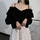 Long-sleeve Off-shoulder Ruffle Trim Chiffon Top Black - One Size