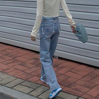 Mid Rise Floral Straight Leg Jeans