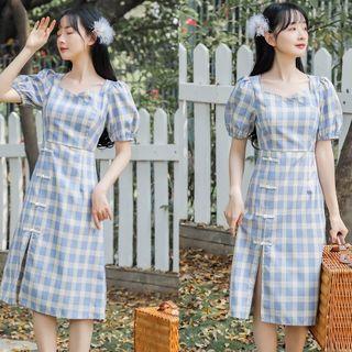Puff-sleeve Frog-buttoned Check Midi A-line Dress