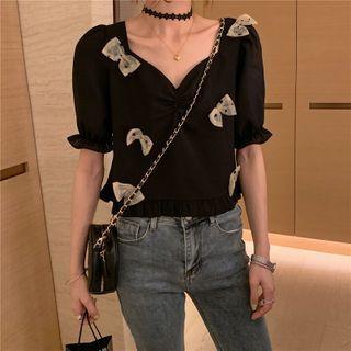 Puff Sleeve V-neck Bow Accent Cropped Top