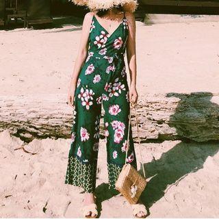 Spaghetti-strap Floral Print Wide-leg Jumpsuit