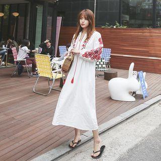 Embroidered Linen Blend Long Dress