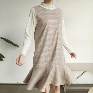 Mock Two-piece Ruffle-hem Plaid Dress