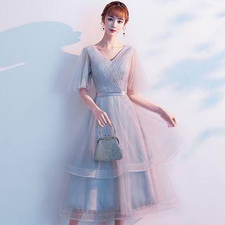 Elbow-sleeve Rhinestone Midi A-line Prom Dress