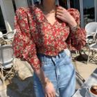 Bishop-sleeve Floral Blouse Red - One Size
