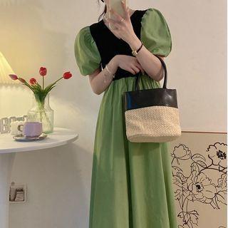 Puff-sleeve Two-tone Midi A-line Dress Black & Green - One Size