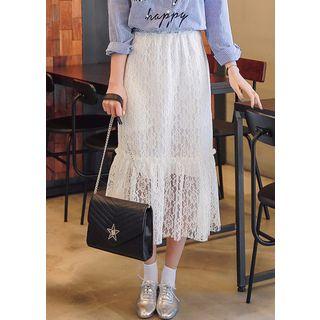 Frill-hem Lace-overlay Long Skirt