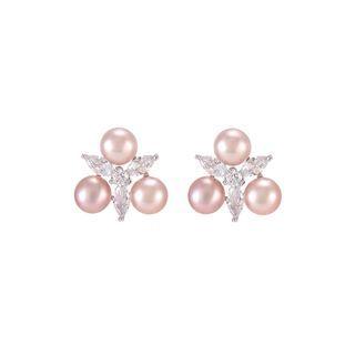 Sterling Silver Fashion Personality Purple Freshwater Pearl Stud Earrings With Cubic Zirconia Silver - One Size
