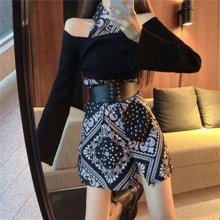 Sleeveless Paisley Print Mini Sheath Dress / Long-sleeve Crop Top